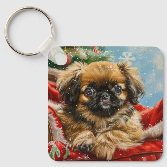 Pekingese Dog Christmas Festive Keychain (Front)