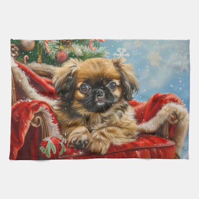 Pekingese Dog Christmas Festive Kitchen Towel (Horizontal)