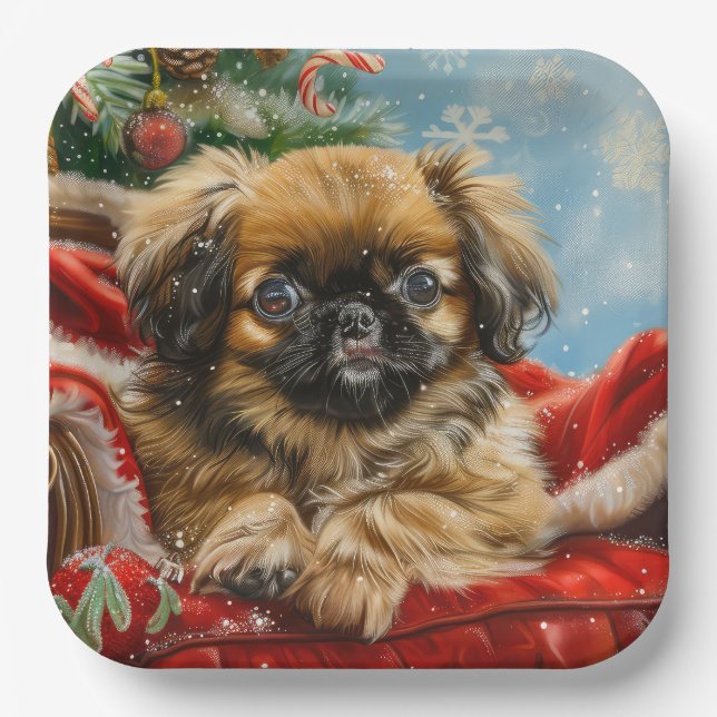 Pekingese Dog Christmas Festive Paper Plates (Front)