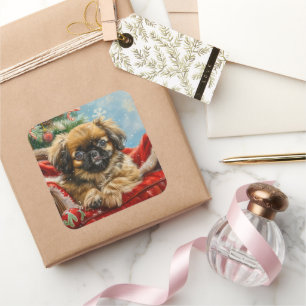 Pekingese Dog Christmas Festive Square Sticker