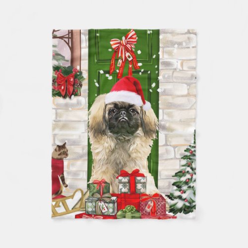 Pekingese Dog Christmas  Fleece Blanket