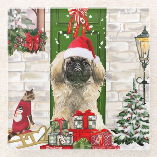 Pekingese Dog Christmas  Glass Coaster