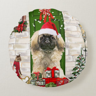 Pekingese Dog Christmas Round Pillow