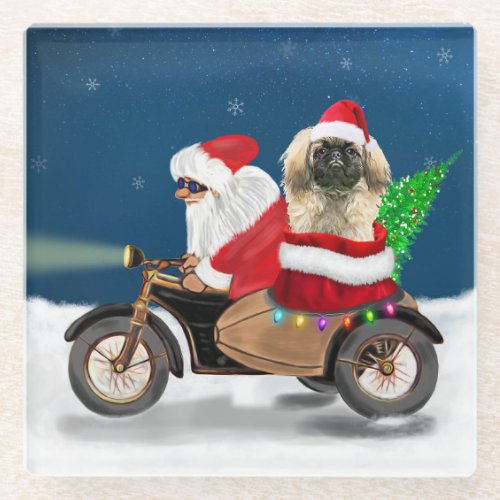 Pekingese Dog Christmas Santa Claus  Glass Coaster