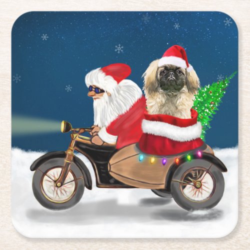 Pekingese Dog Christmas Santa Claus  Square Paper Coaster