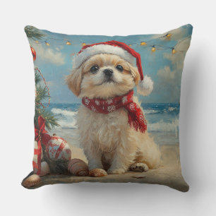 Pekingese Dog Christmas Vintage Beach Throw Pillow