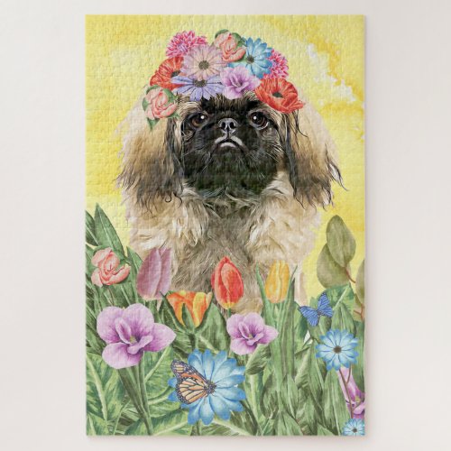 Pekingese Dog Flowers Jigsaw Puzzle