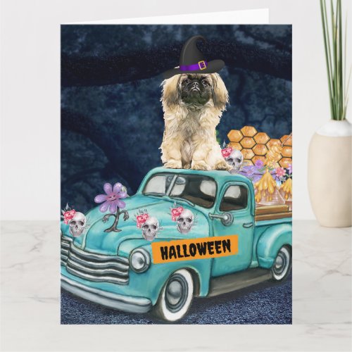 Pekingese Dog Halloween Truck Scary Night  Card