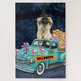 Pekingese Dog Halloween Truck Scary Night Jigsaw Puzzle