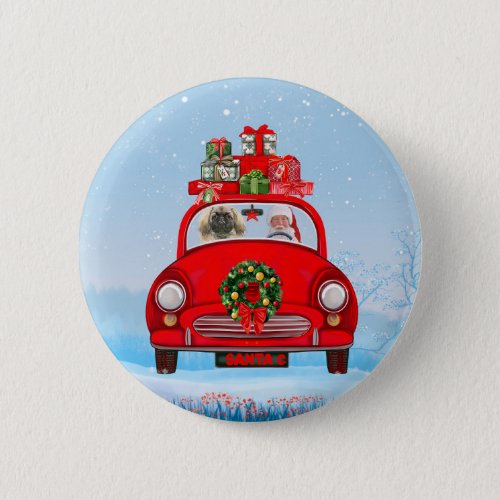 Pekingese Dog In Car With Santa Claus  Button