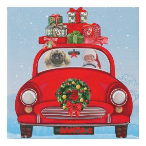 Pekingese Dog In Car With Santa Claus  Faux Canvas Print