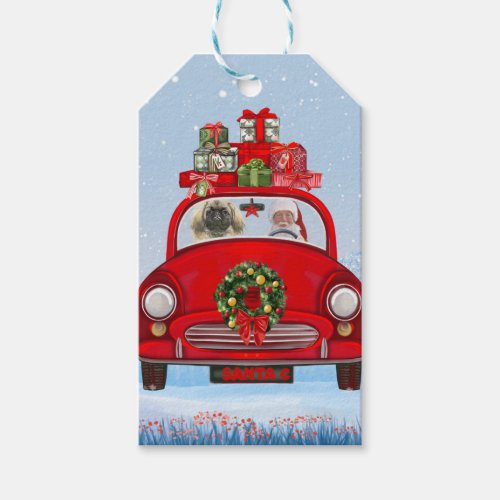 Pekingese Dog In Car With Santa Claus  Gift Tags