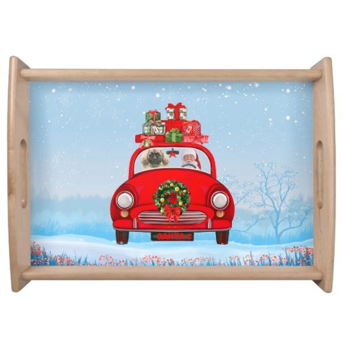 Pekingese Dog In Car With Santa Claus  Serving Tray