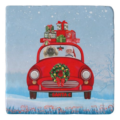 Pekingese Dog In Car With Santa Claus Trivet