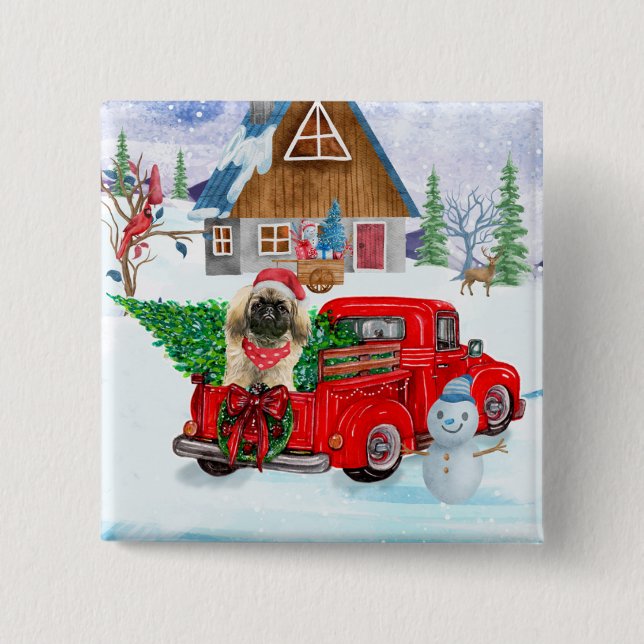 Pekingese Dog In Christmas Delivery Truck Snow Button (Front)