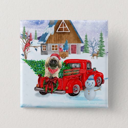 Pekingese Dog In Christmas Delivery Truck Snow Button