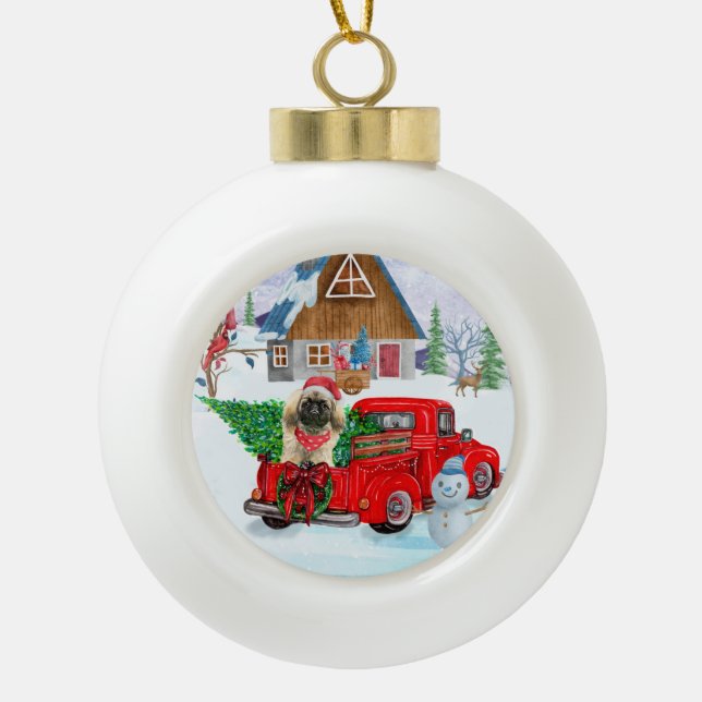 Pekingese Dog In Christmas Delivery Truck Snow Ceramic Ball Christmas Ornament (Front)