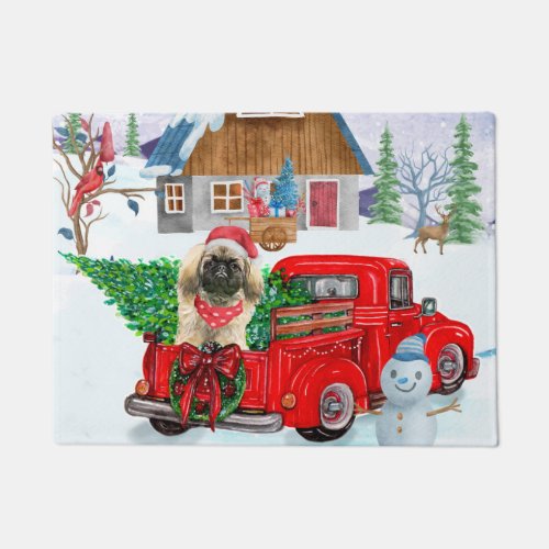 Pekingese Dog In Christmas Delivery Truck Snow Doormat