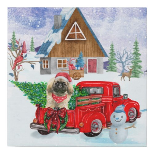 Pekingese Dog In Christmas Delivery Truck Snow Faux Canvas Print