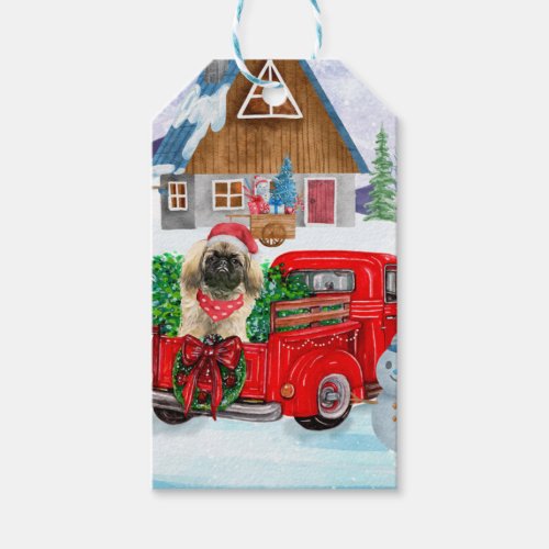 Pekingese Dog In Christmas Delivery Truck Snow Gift Tags
