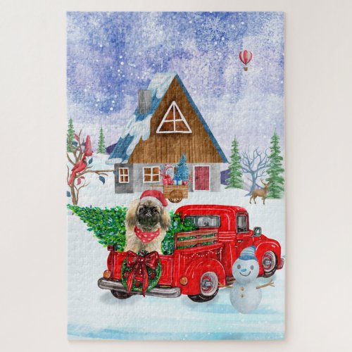 Pekingese Dog In Christmas Delivery Truck Snow Jigsaw Puzzle