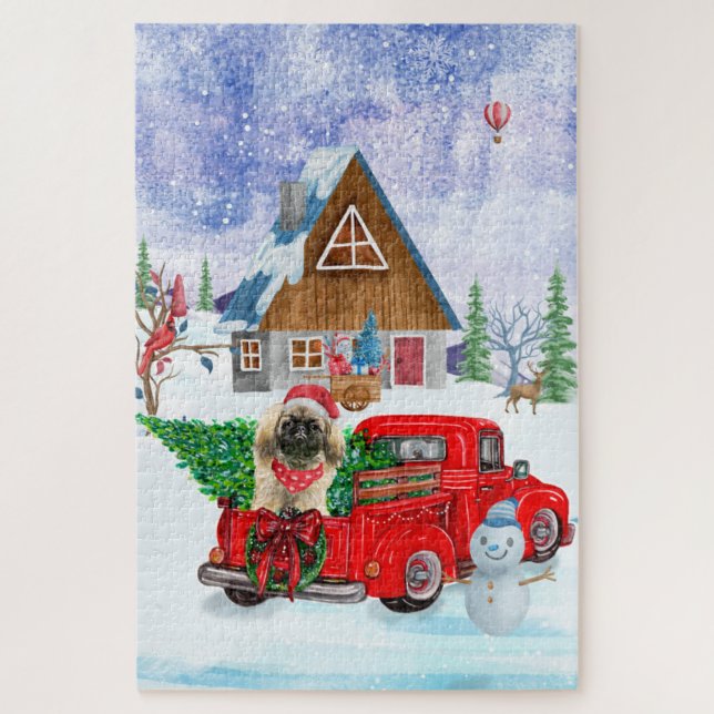 Pekingese Dog In Christmas Delivery Truck Snow Jigsaw Puzzle (Vertical)