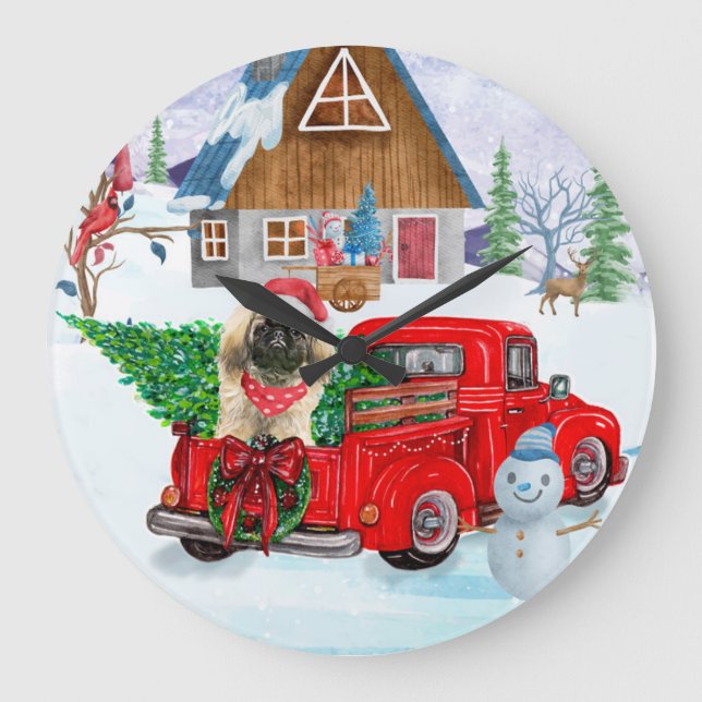 Pekingese Dog In Christmas Delivery Truck Snow  Large Clock (Front)