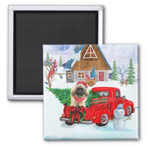 Pekingese Dog In Christmas Delivery Truck Snow  Magnet