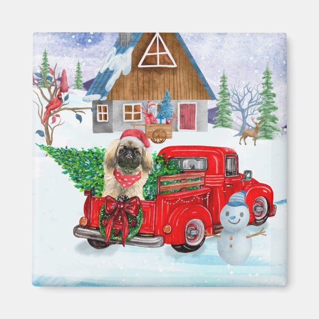 Pekingese Dog In Christmas Delivery Truck Snow  Magnet (Front)