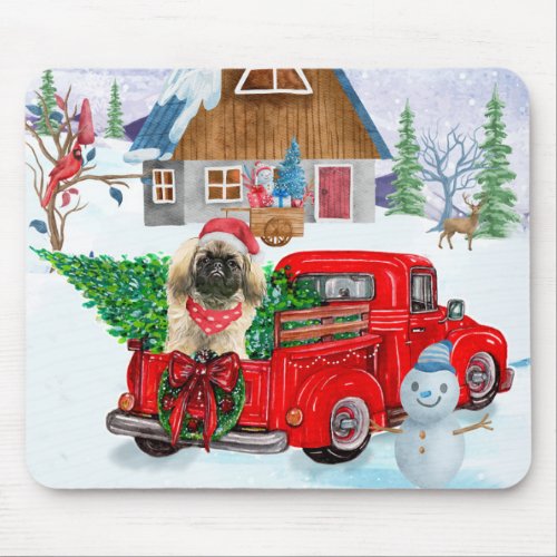 Pekingese Dog In Christmas Delivery Truck Snow  Mouse Pad