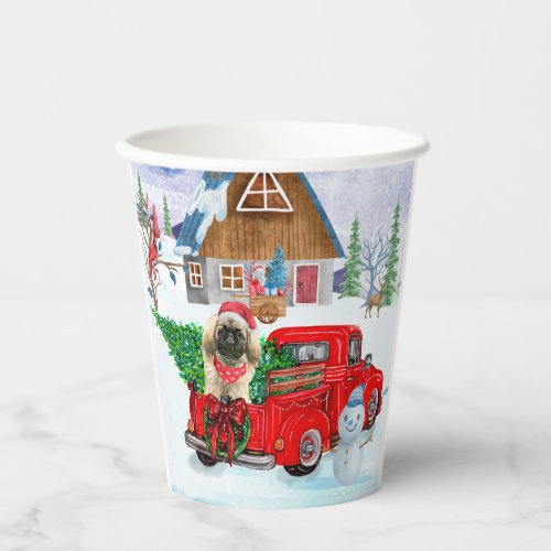 Pekingese Dog In Christmas Delivery Truck Snow Paper Cups