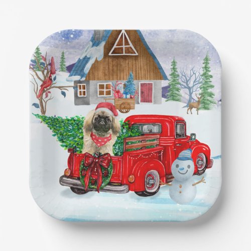 Pekingese Dog In Christmas Delivery Truck Snow Paper Plates