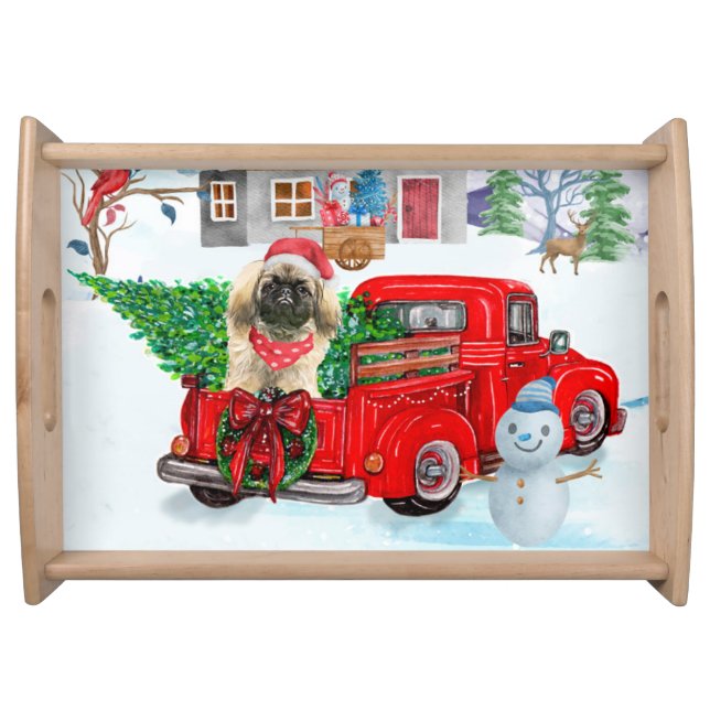Pekingese Dog In Christmas Delivery Truck Snow Serving Tray (Front)