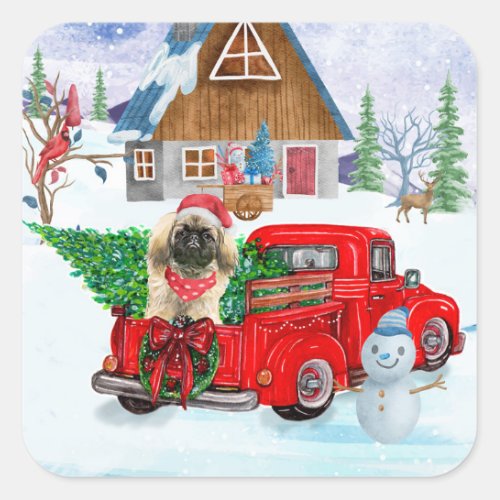 Pekingese Dog In Christmas Delivery Truck Snow Square Sticker