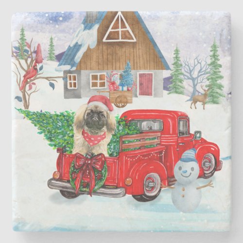 Pekingese Dog In Christmas Delivery Truck Snow  Stone Coaster