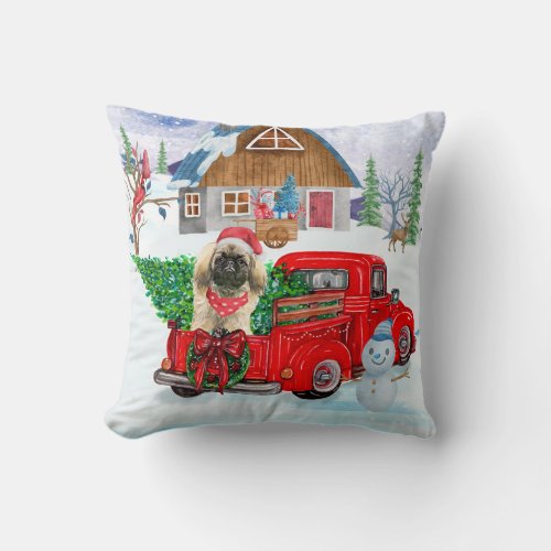 Pekingese Dog In Christmas Delivery Truck Snow Throw Pillow