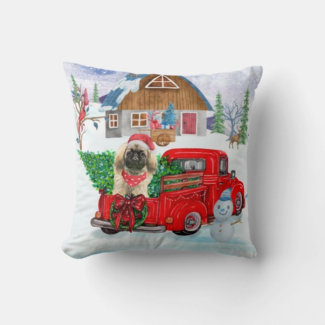 Pekingese Dog In Christmas Delivery Truck Snow Throw Pillow (Front)