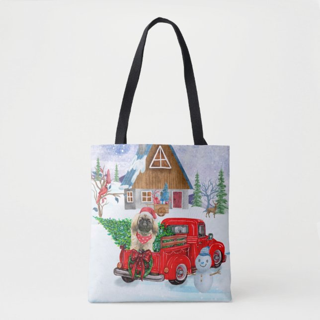 Pekingese Dog In Christmas Delivery Truck Snow Tote Bag (Front)