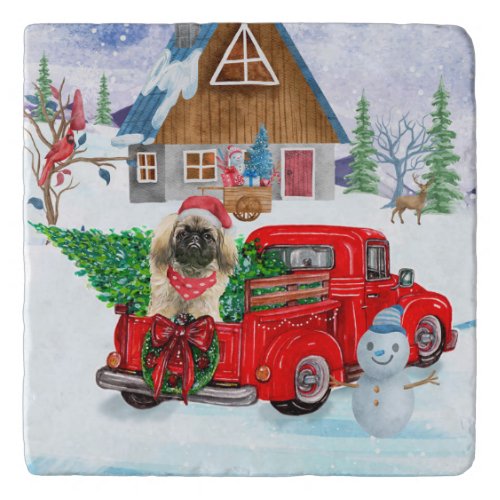Pekingese Dog In Christmas Delivery Truck Snow Trivet