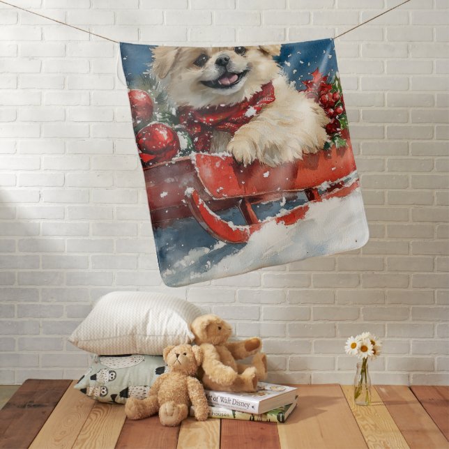 Pekingese Dog in Sledge Let it Snow Christmas Baby Blanket (In Situ)