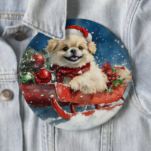 Pekingese Dog in Sledge Let it Snow Christmas Button