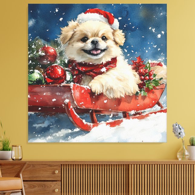 Pekingese Dog in Sledge Let it Snow Christmas Canvas Print (Insitu(LivingRoom))