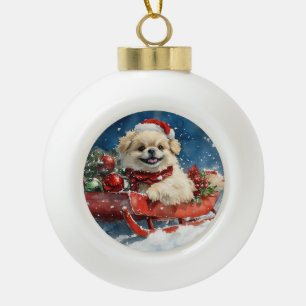 Pekingese Dog in Sledge Let it Snow Christmas Ceramic Ball Christmas Ornament