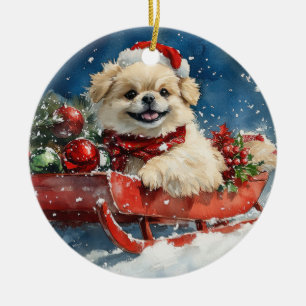 Pekingese Dog in Sledge Let it Snow Christmas Ceramic Ornament