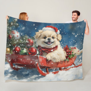 Pekingese Dog in Sledge Let it Snow Christmas Fleece Blanket