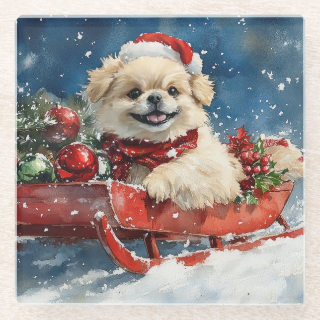 Pekingese Dog in Sledge Let it Snow Christmas Glass Coaster (Front)