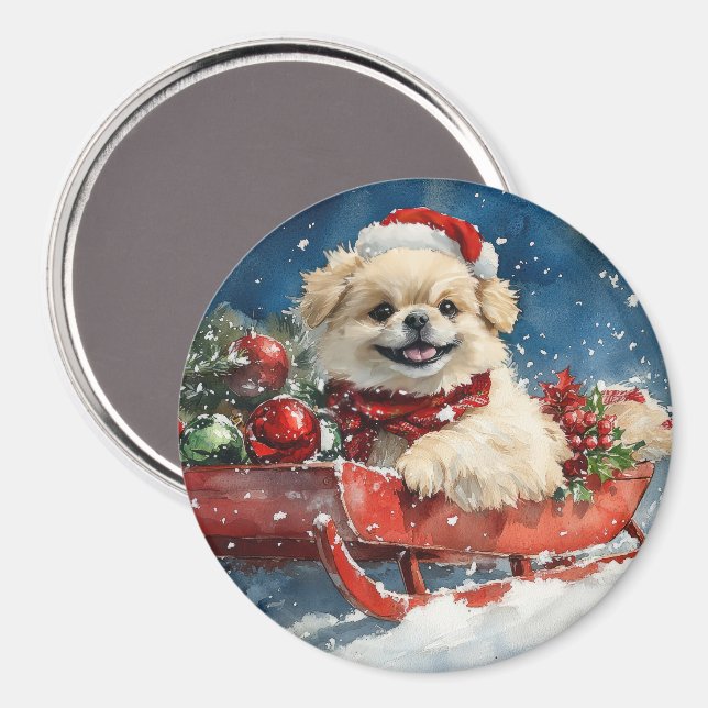 Pekingese Dog in Sledge Let it Snow Christmas Magnet (Front/Back)