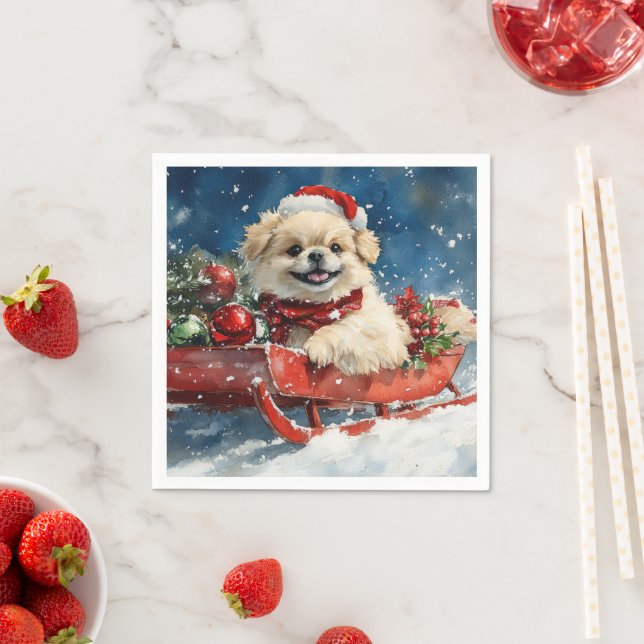 Pekingese Dog in Sledge Let it Snow Christmas Napkins (Insitu)