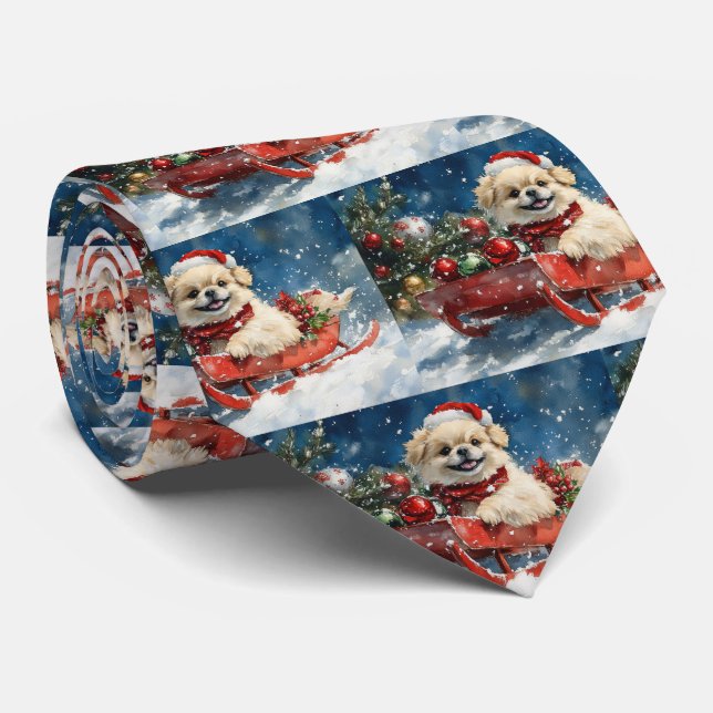 Pekingese Dog in Sledge Let it Snow Christmas Neck Tie (Rolled)