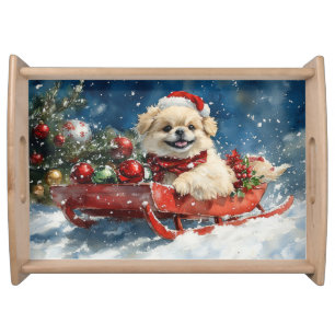 Pekingese Dog in Sledge Let it Snow Christmas Serving Tray